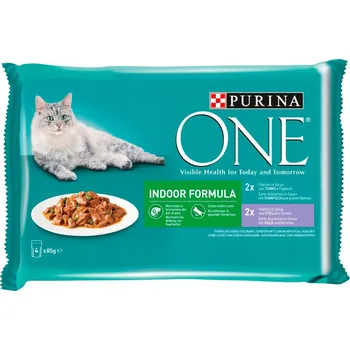 Krmivo pro kočku Mokré krmivo pro kočky Purina One INDOR FORMULA Tuňák Telecí 4X85G