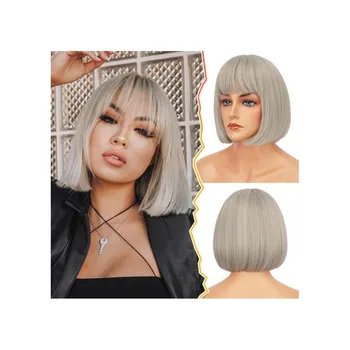 Paruka BARSDAR Šedá paruka s ofinou, 30 cm Krátká šedá paruka Rovná Bob s ofinou Paruka pro ženy Krátká