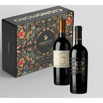 Cignomoro Dárkové balení 2 LAHVE x 0,75l : 80 Vecchie Vigne, Primitivo di Manduria DOC 14,5% , 6 Anime Rosso Puglia IGT, Vinařství Cigno Moro, 14,5%