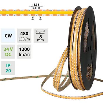 LED páska LED pásek COB CW, 480LED/m, 12W/m, DC 24V, 1200lm/m, CRI90, IP20, modul 8,33mm, 8mm, 50m