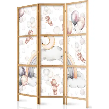 Paraván Japonský paraván - Plyšoví medvídci s balónky: Létající světle hnědí medvídci mezi balónky, mraky a duhou v tlumených pastelových barvách Velikost: 135x172 cm