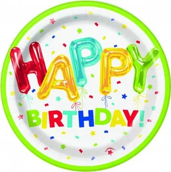 Party nádobí Talířky papírové EKO - Happy birthday 18cm, 8ks