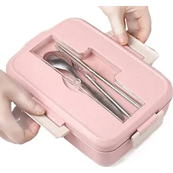 Svačinový box Obědový box s přihrádkami, tyčinky na rýži a kovová lžíce