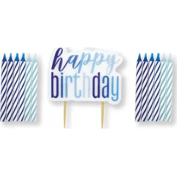 Svíčka Set svíček - modro-bílý Happy Birthday! 13ks