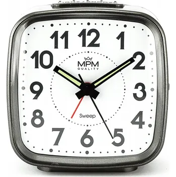 Budík Analogový budík MPM šedý s LED podsvícením a funkcí odloženého buzení (Snooze)