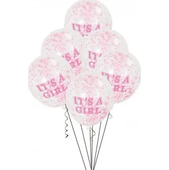 Balónek Balónek transparentní 30cm potisk "It´s a girl" s růžovými konfetami, 6ks