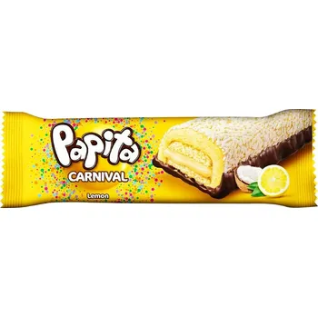Bonbon Piškot PAPITA carnival 36 g s citrónovým marshmallow a kokosem (světlý piškot s citrónovou náplní, pěnovým želé a kakaovou polevou)