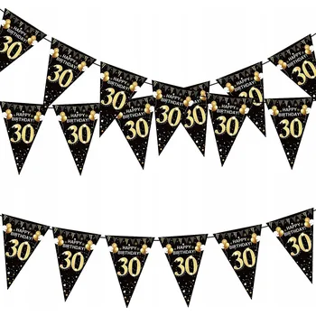 NAROZENINOVÝ BANNER HAPPY BIRTHDAY DEKORACE ZLATÁ-ČERNÁ GIRLANDA VLAJKA NAROZENINY 30