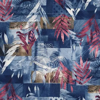 Úplet N5816 denimový, růžové listy, š.150