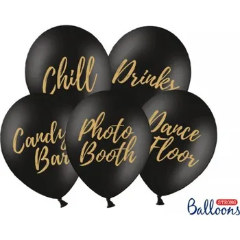 Balónek pastel 30cm potisk "Svatba" černé se zlatým tiskem, 5ks