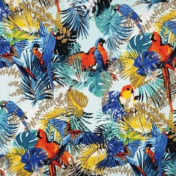 Úplet aqua, barevné palmové listy a papoušci, š.150