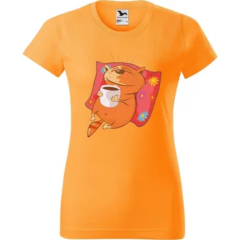 Dámské tričko Dámské tričko s potiskem Kočka se šálkem Barva trička: Tangerine orange - A2, Velikost: S