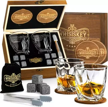 Chladič na víno Dárková sada Whisiskey-2x sklenička na whisky, 8 ledových kamenů v dřevěné krabiče