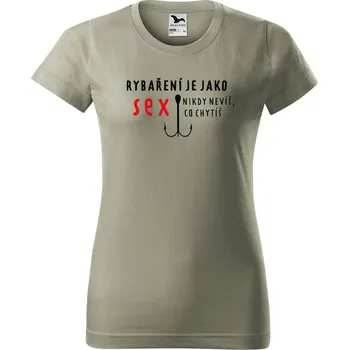Dámské tričko s potiskem Rybaření je jako sex Barva trička: Světlá khaki - 28, Velikost: L