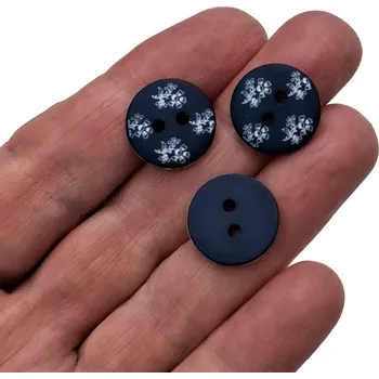 Knoflík Knoflík dvoudírkový - Květiny "alá modrotisk" - tmavě modrý - 17,78mm