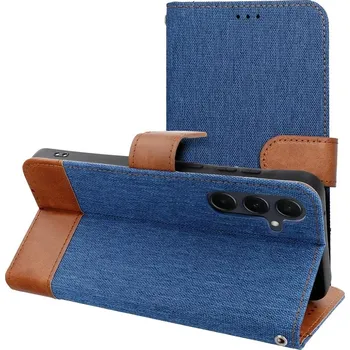 Pouzdro na mobilní telefon Flipové pouzdro JEANS Book Samsung Galaxy S25 Plus – modré (Stylové flipové pouzdro JEANS Book pro Samsung Galaxy S25 Plus – elegantní džínový design, magnetické zavírání a praktická přihrádka na karty, funkce stojánku)
