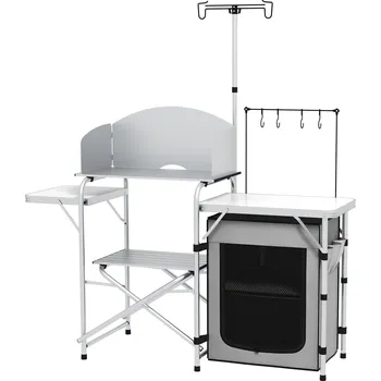 Dětská kuchyňka Skládací kempingová kuchyňka Outsunny s UV ochranou a větrnou zábranou, venkovní kuchyňka se 3 pracovními deskami a skříňkou, hliníkový stojan na světlo | Aosom.de