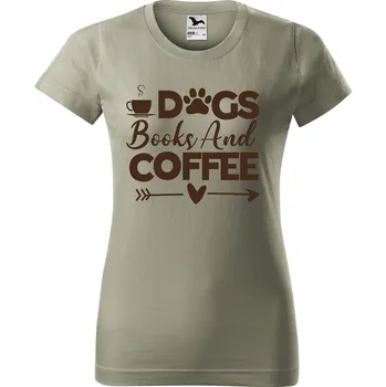 Dámské tričko Dámské tričko s potiskem Psi knihy a káva Barva trička: Světlá khaki - 28, Velikost: L