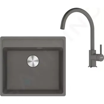 Granitový dřez Franke Sety Kuchyňský set G274ŠK, fragranitový dřez MRG 610-52 RTL a baterie FC 6018.084, šedý kámen, 114.0700.790