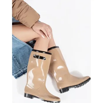 Dámské holínky Světle béžové vysoké lakované dámské gumáky, podpatek 3cm LMG-01C Velikost: 38