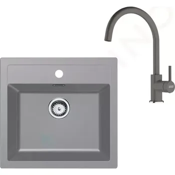 Granitový dřez Franke Sety Kuchyňský set T122Š, tectonitový dřez SID 610 a baterie FC 6018.901, šedá/šedý kámen, 143.0687.391