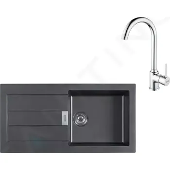 Granitový dřez Franke Sety Kuchyňský set T108, tectonitový dřez S2D 611-100 a baterie FP 9000.31, černá/chrom, 143.0675.739