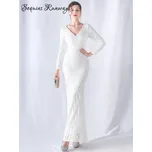 Luxusní dlouhé bílé společenské šaty s dlouhým rukávem - S Barva: Bílá, Velikost: S