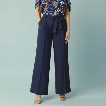 Dámské kalhoty Široké dlouhé kalhoty s pružným pasem a páskem, pro menší postavu nám. modrá 50