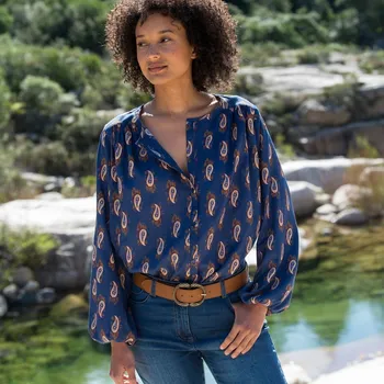 Dámská halenka Košilová halenka s knoflíčky a potiskem indigo/režná 56