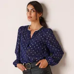 Voálová halenka se zlatým potiskem puntíků temně modrá 48