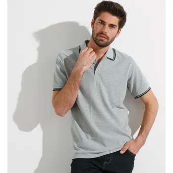 Pánské tričko Polo tričko z piké úpletu, s krátkými rukávy a s proužky na rukávech a límečku šedý melír 117/126 (XXL)