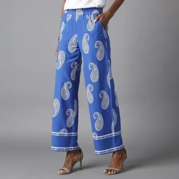 Dámské kalhoty Široké zkrácené kalhoty s paisley potiskem modrá 44