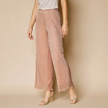 Dámské kalhoty Široké plisované kalhoty z lesklého úpletu béžová/zlatavá 34/36