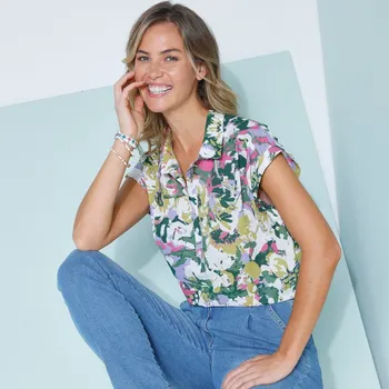 Dámská halenka Halenka s potiskem a ohrnutím režná/zelená 52