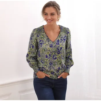 Dámská móda Halenka se žabičkováním a potiskem květin zelená/modrá 46