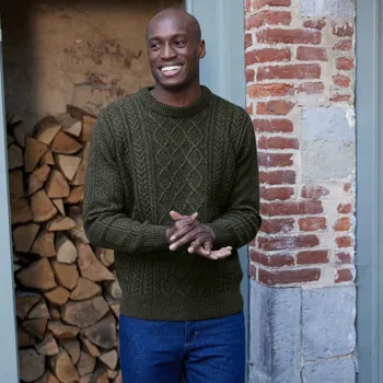 Pánský svetr Pulovr s irským vzorem a kulatým výstřihem khaki melír 127/136 (3XL)