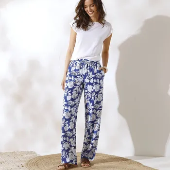 Dámské kalhoty Vzdušné široké kalhoty s potiskem rostlinného vzoru modrá/bílá 42