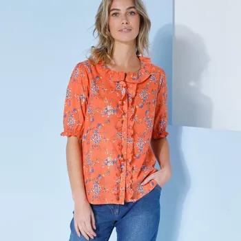 Dámská halenka Halenka s volánky a s potiskem květin broskvová/tmavě modrá 36