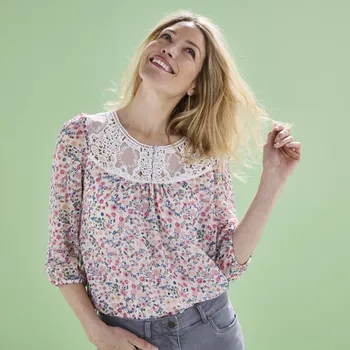 Dámská halenka Halenka z vyšívaného voálu s macramé a potiskem růžové dřevo 46