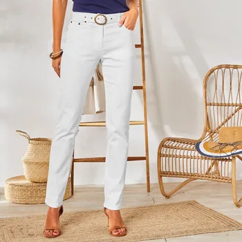 Dámské kalhoty Rovné kalhoty s páskem pro postavu 155 až 160 cm bílá 40