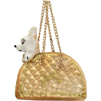 Vánoční ozdoba Vánoční ozdoba psík ve zlaté kabelce – 8x4x8 cm