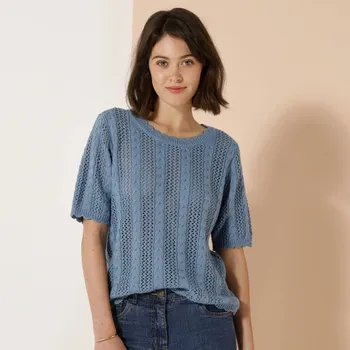 Dámská halenka Halenka s kulatým výstřihem, z ažurového úpletu modrá džínová 54