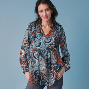 Dámská halenka Halenka s potiskem a volány tyrkysová/bronzová 48