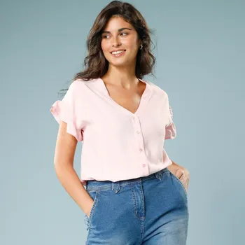 Dámská halenka Jednobarevná halenka, pro menší postavu růžová 46