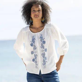 Dámská halenka Halenka s výšivkou a 3/4 nabíranými rukávy režná/modrá 52