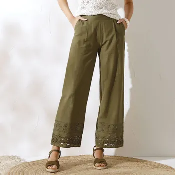 Dámské kalhoty 7/8 široké kalhoty, madeirová výšivka khaki 52