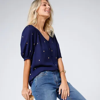 Dámská halenka Halenka na knoflíčky se zlatavým potiskem nám.modrá/zlatá 36