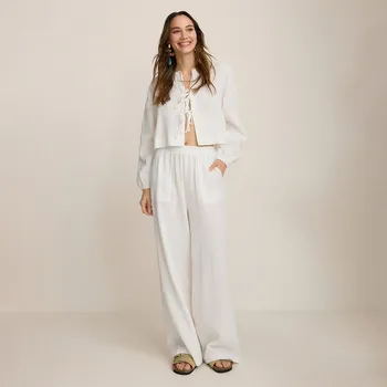 Dámské kalhoty Reserved - Široké kalhoty z mušelínu - bílá - YH525-00X - YH525-00X-XXL