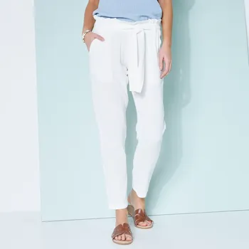 Rovné kalhoty z mušelínu v pomačkaném vzhledu režná 46