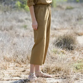 Dámské kalhoty Široké 7/8 kalhoty s kapsami, ze směsi bavlny a lnu havana 42